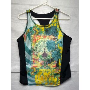 Girls4Sport Womens Athletic Tank Top XXL Peacock Floral Black Gym Fitness USA